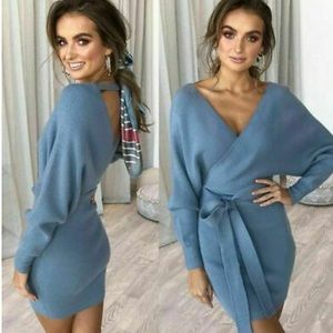 BRAND NEW Blue Sweater Wrap Dress Size S